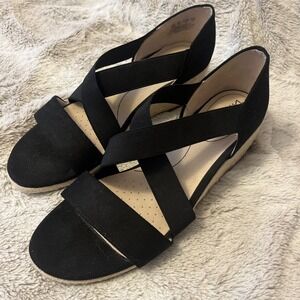 LifeStride Womens Siesta Espadrilles Black Canvas Wedge Sandal Size 10